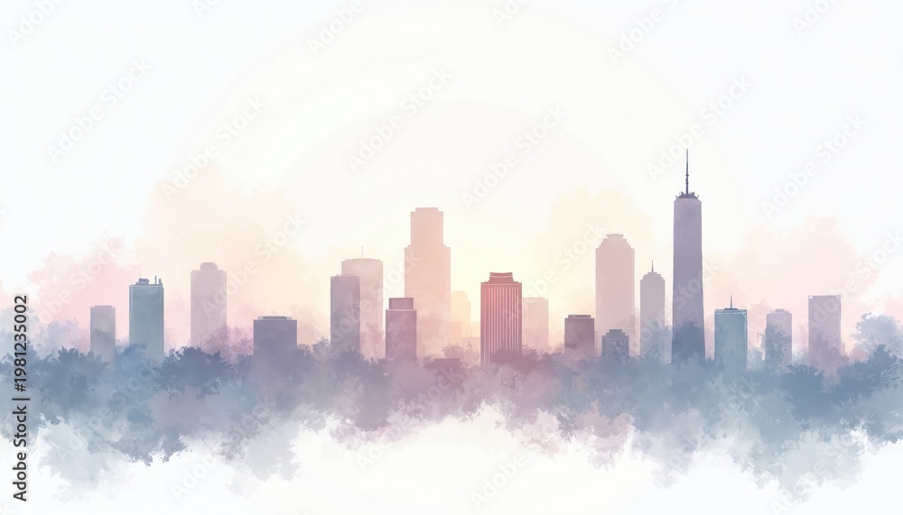 Fototapeta premium Watercolor city skyline with tall modern buildings fading into soft pastel clouds. Downtown towers create abstract urban silhouette at sunrise or sunset for graphic design.