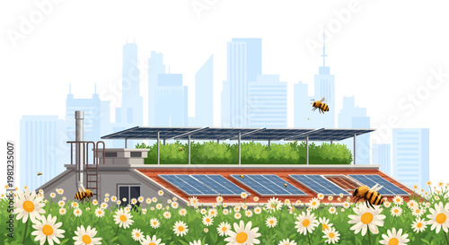 Sustainable urban rooftop garden with solar panels and flowers