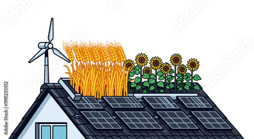 Eco friendly house with solar panels and wind turbine