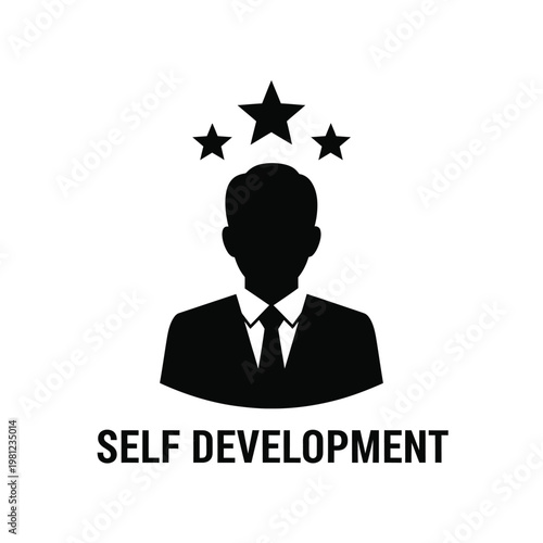 A silhouetted head and shoulders of a person with three stars above and text reading self development high quality