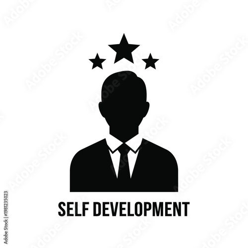 A black silhouette of a person s head and shoulders is shown above the text self development with stars