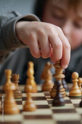 A preteen boy's hand is shown moving a light colored king chess piece on a brown and beige chessboard. The boy's face is blurred in the background, showing deep concentration