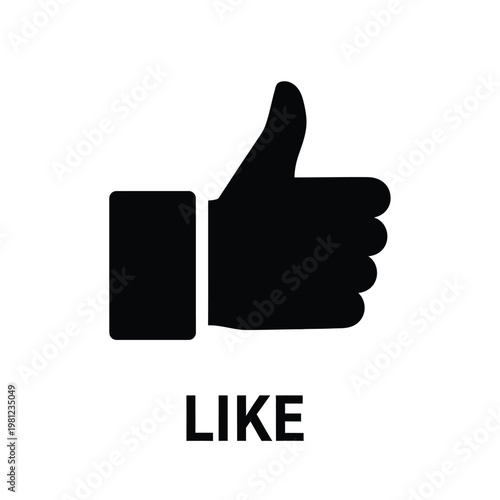 A stark black silhouette of a hand displaying a thumbs up gesture against a plain white background with the word like