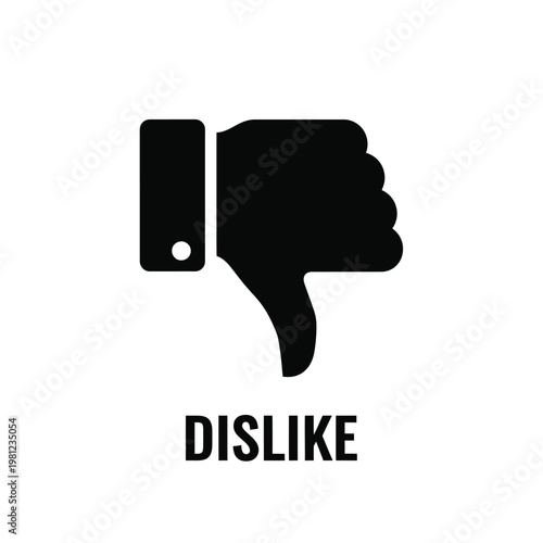 A simple black silhouette of a hand giving a thumbs down gesture accompanied by the word dislike below high quality