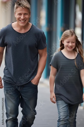 A happy father and daughter with down syndrome walk together in an urban environment, both smiling brightly. The man wears a dark gray shirt and jeans, while the girl wears a striped dark gray top and