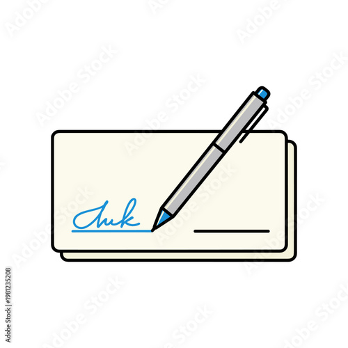 A checkbook with a blue pen resting on top, displaying a written signature ready for transaction.