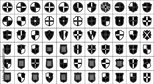 Foto Collection of various heraldic shield icons in black and white on a grid backgro