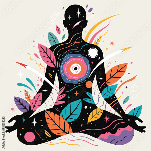 A vibrant meditating figure radiates energetic spiritual growth with colorful leaves.