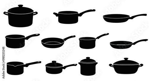 Collection of black kitchen pots and pans on white background for cooking and culinary use