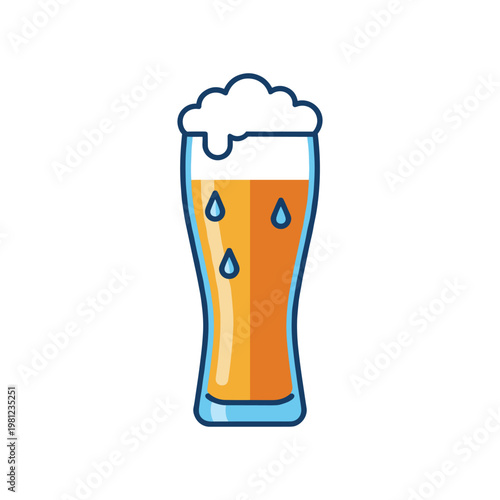 A cold glass of refreshing beer topped with frothy foam and showing condensation drips.