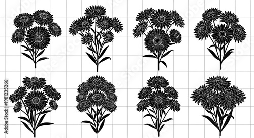 Eight black floral silhouettes arranged on a white graph paper background with grid lines