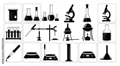 Black and white laboratory equipment icons set including microscopes beakers test tubes and other science tools on a white background for chemistry and biology research