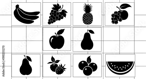 Assorted fruit icons on grid background black and white silhouettes