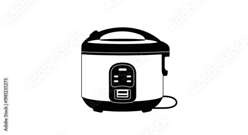 Black and white illustration of a modern electric rice cooker with digital display and handle on a plain background