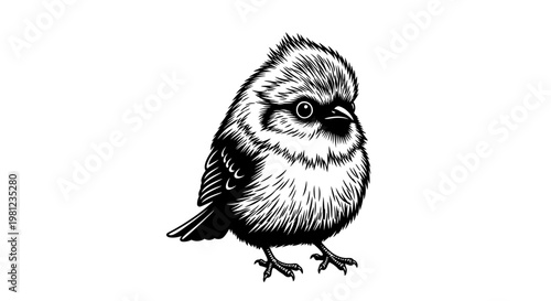 Detailed illustration of a small bird with feathers and beak standing on a plain white background