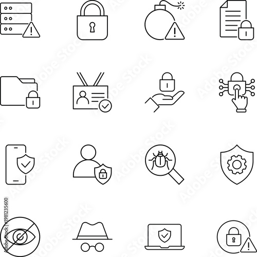 Cyber security and data protection vector icon set, padlock, server, bomb, user, shield, bug, laptop