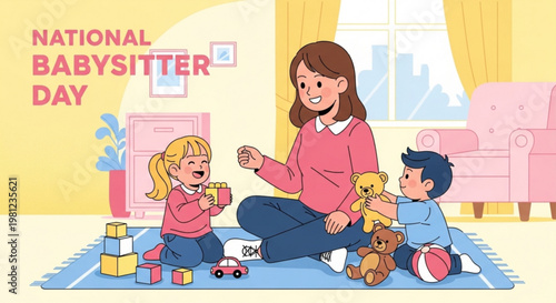 Babysitter playing with two happy children on blue mat in living room on national babysitter day
