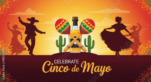 Vibrant cinco de mayo celebration scene with silhouettes of dancers cacti and piata against warm sunset background