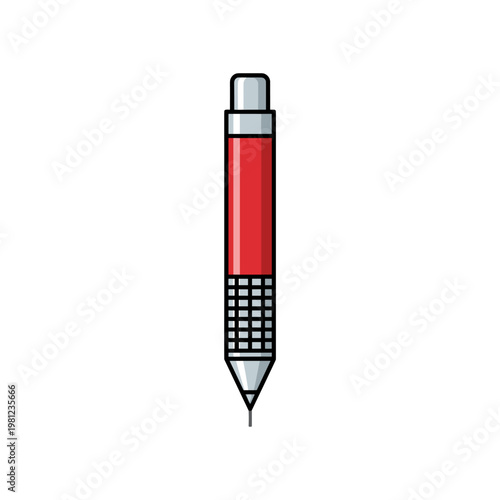 A sleek red mechanical pencil with a textured grip and sharp tip stands vertically.