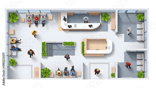 Top View People Waiting in Hospital Reception Architectural Blueprint Human Activity Vector Illustration, Clean White Background