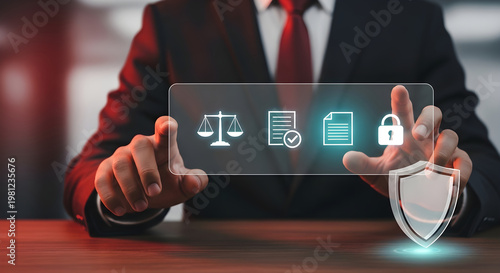Businessman interacting with digital interface for legal compliance and data protection.