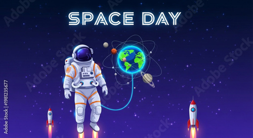 Astronaut in space suit floats near earth with rockets launching on space day