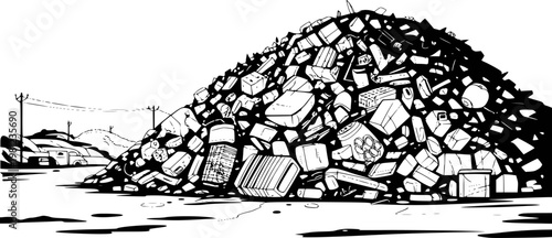 Black and white of a large pile of discarded trash and debris garbage waste