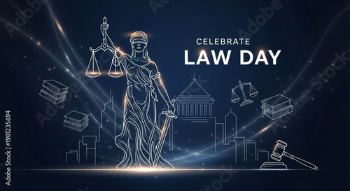 Law day celebration with lady justice and legal symbols in dark background