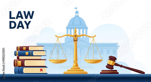 Law day illustration with scale gavel books and courthouse background symbolizing justice and legal profession