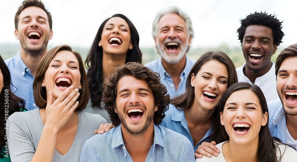 Obraz premium Diverse group of happy people laughing together in bright outdoor setting