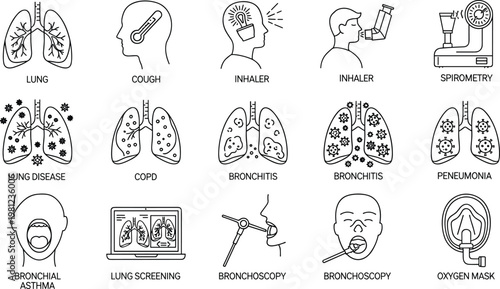 Lung Health and Respiratory Treatment Icon Set Featuring Inhalers, Bronchitis, COPD, Pneumonia, and Medical Screenings