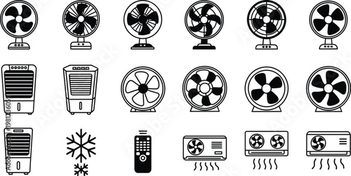 Fan and Air Conditioning Icon Set Featuring Various Fans, Air Coolers, and Climate Control Devices for Home and Office Illustrations