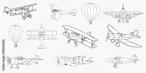 Collection of vintage aircraft and airships in black and white line drawings