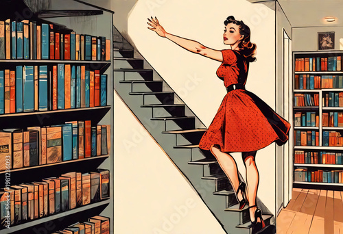 Retro Pin-Up Style Illustration of a Woman in Red Dress Climbing Stairs in a Library