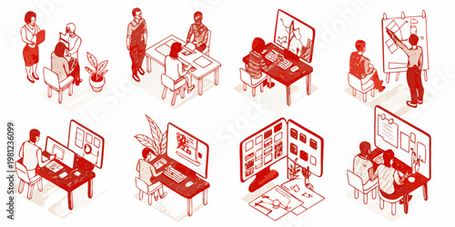 Isometric illustration of people collaborating in various office settings