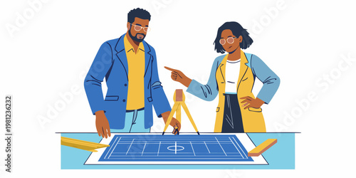 Two professionals collaborate over architectural plans using surveying tools