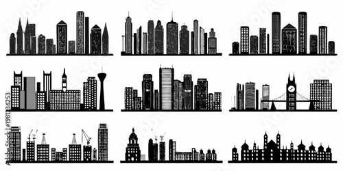 Silhouettes of iconic city skylines arranged in a grid pattern