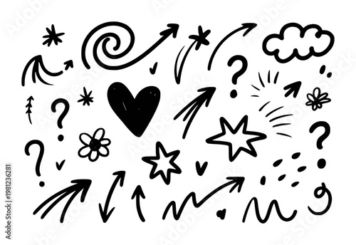 Collection of hand-drawn black doodle arrows, stars, heart, question marks, and cloud