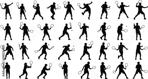 Tennis Player Silhouette Icon Set Featuring Various Poses, Actions, and Movements for Sports and Fitness Illustrations