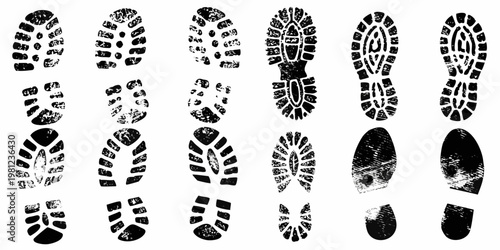 Collection of diverse black shoe prints arranged in vertical rows