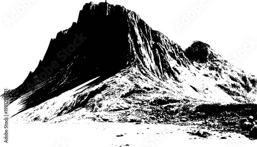Dramatic black and white silhouette of jagged mountain range white background landscape