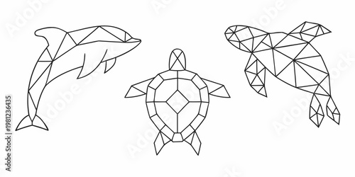 Geometric marine life a dolphin turtle and seahorse in line art