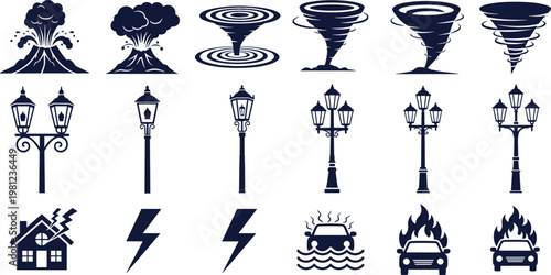 Natural Disaster, Weather, and Street Lamp Icon Set Featuring Volcanic Eruption, Tornado, Lightning, and Fire Illustrations
