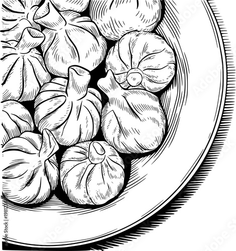 Hand-drawn black and white of khinkali dumplings a plate food georgian cuisine