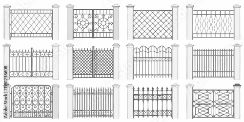 Collection of ornate wrought iron fence panels in a linear arrangement