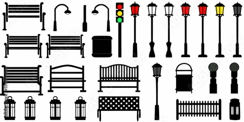 Black and white illustration of park benches streetlights and urban elements