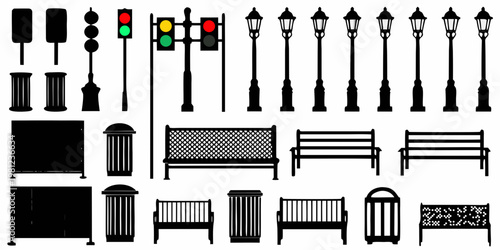 Collection of black silhouette street furniture and park elements