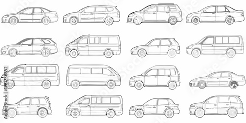 Collection of various vehicle outlines in a simple linear style