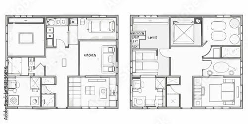 Architectural floor plans displaying apartment layouts and room arrangements