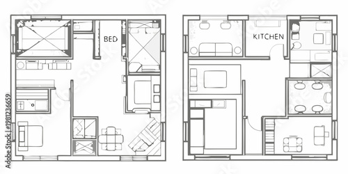 Architectural floor plans depicting a two room apartment layout with furniture